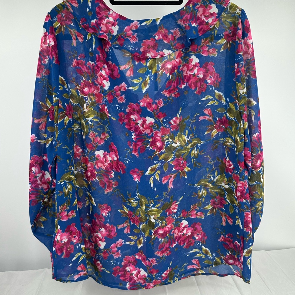 Kut From The Kloth Womens Size XL Blue Pink Floral Long Sleeve Ruffle Button Up - Picture 9 of 11